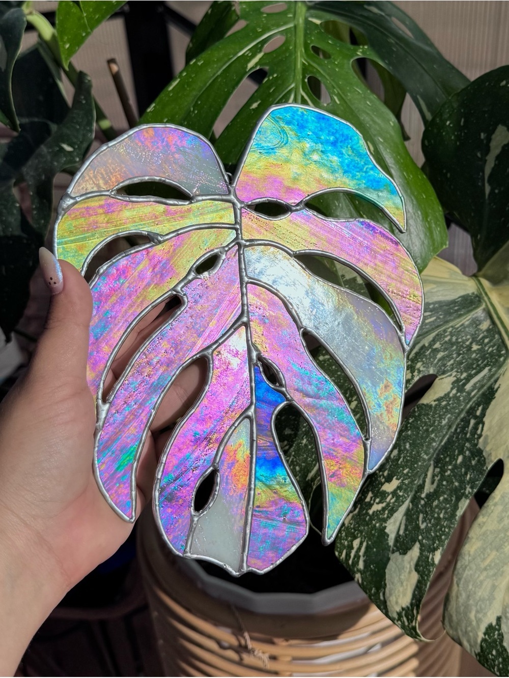 Iridescent Monstera Leaf Stained Glass Hanging Art - Picture 3 of 3